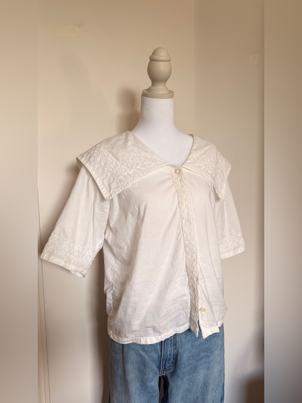 Vintage Cornell Trading White Embroidered Sailor Collar Top - 100% Cotton